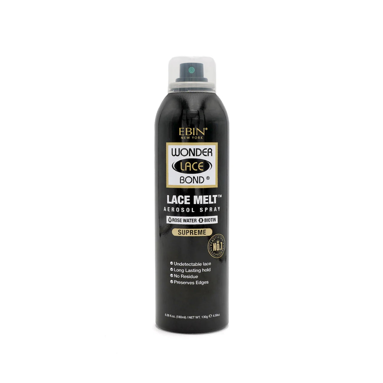 EBIN NEW YORK Wonder Lace Bond Lace Melt Aerosol Spray packaging, black can with clear cap, Rose Water & Biotin.
