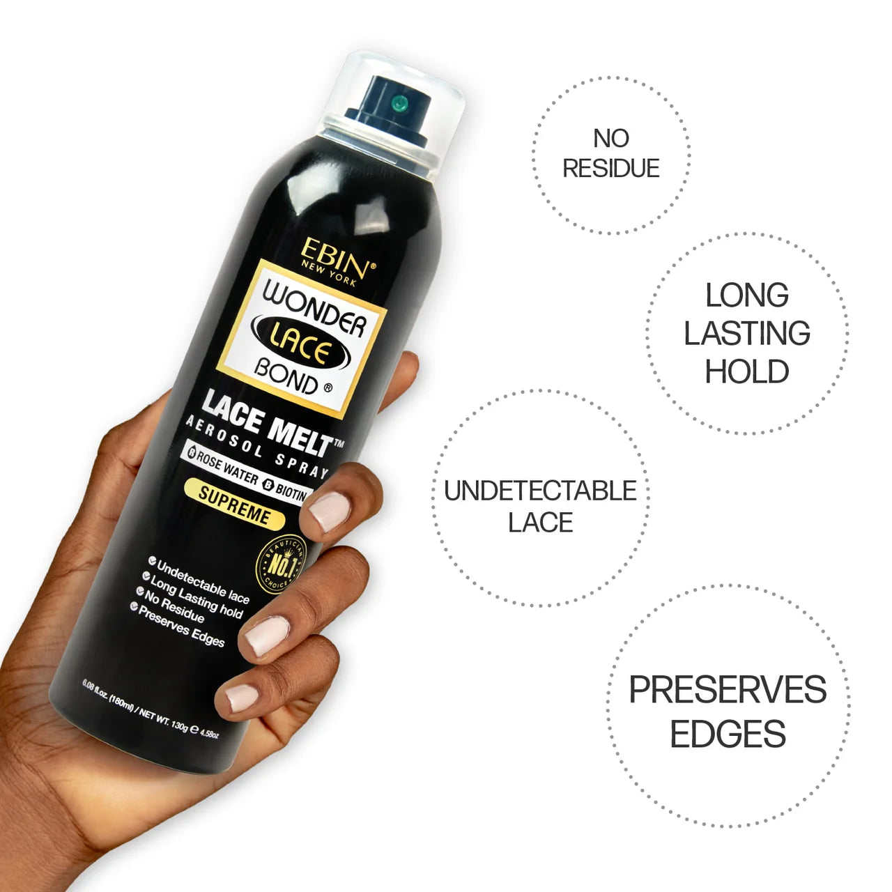 Product packaging shows a hand holding EBIN NEW YORK Wonder Lace Bond Lace Melt Aerosol Spray, a black can with gold and w...