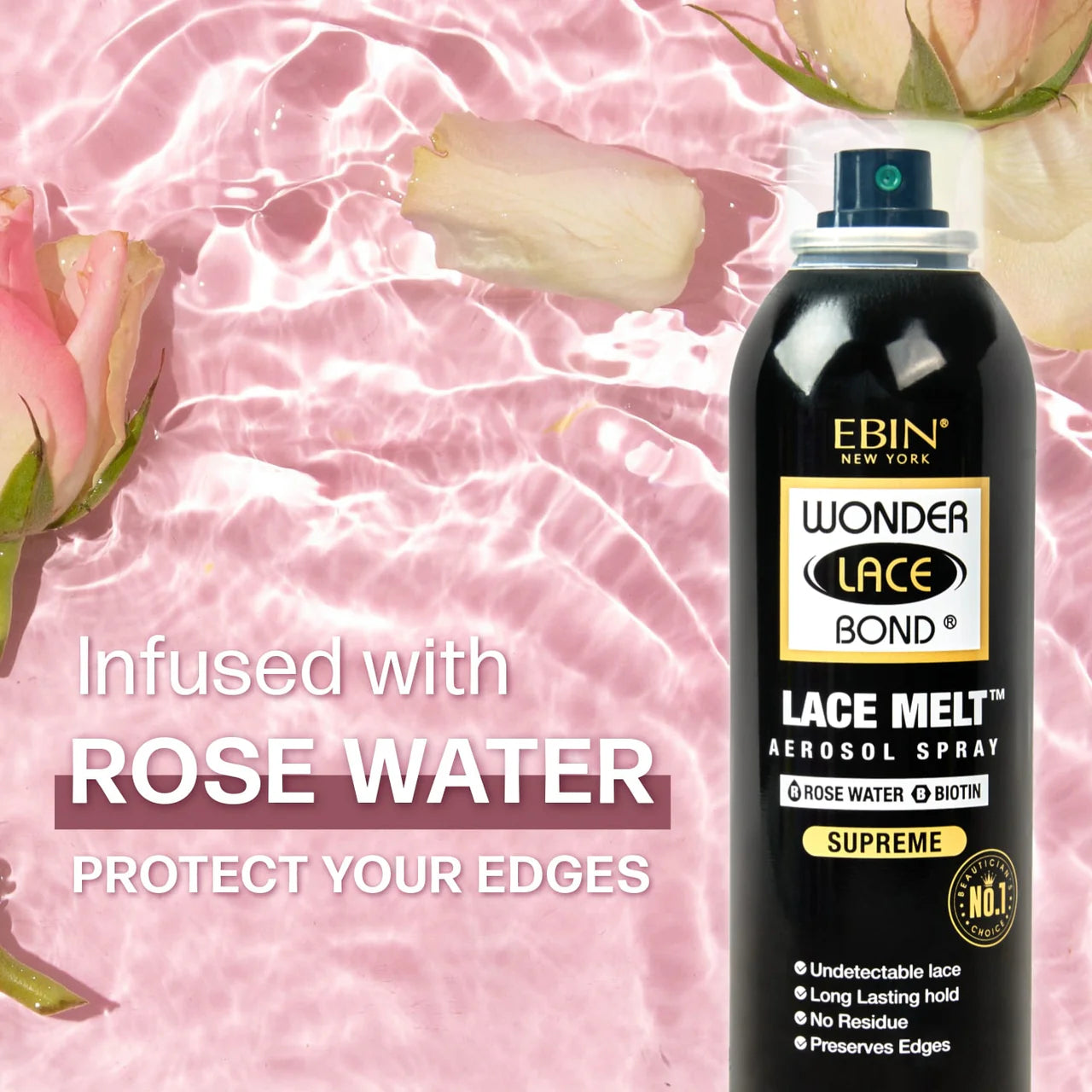 EBIN NEW YORK Wonder Lace Bond Lace Melt Aerosol Spray packaging, a black can on a pink rippled rose water background.
