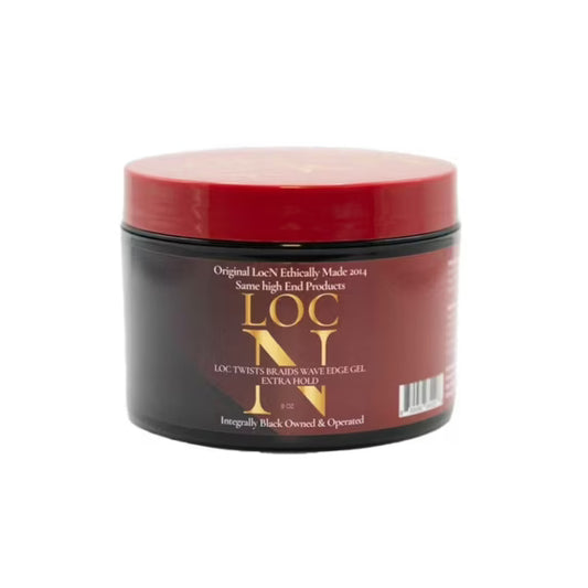 Product packaging for Loc N Twists Braids Wave Edge Gel - Extra Hold, an 8 oz black jar with a red lid.