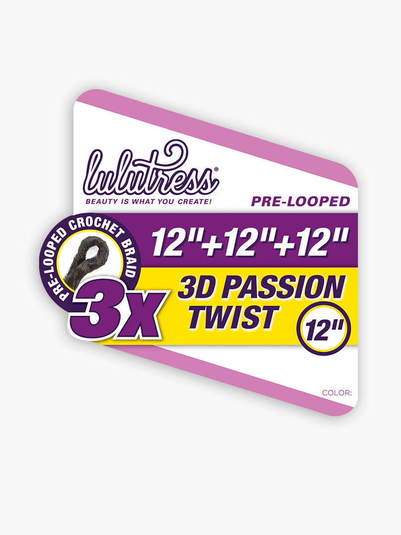 Lulutress 3X 3D Passion Twist 12" product packaging showing a dark, pre-looped crochet braid texture.