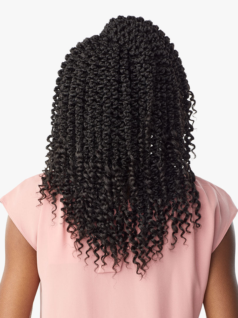 Back view of a person with black, shoulder-length Lulutress 3X 3D Passion Twist hair, styled with bouncy, curly ends.