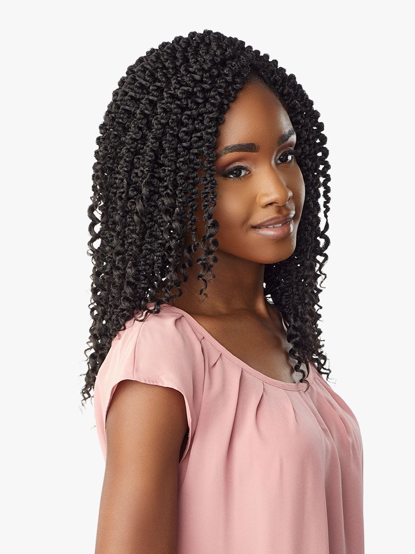 Smiling woman wearing Lulutress 3X 3D Passion Twist 12" pre-looped crochet hair. Natural black, bouncy, shoulder-length tw...