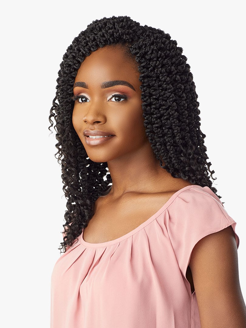 Young Black woman models Lulutress 3X 3D Passion Twist 12" pre-looped crochet hair, black, voluminous and curly.