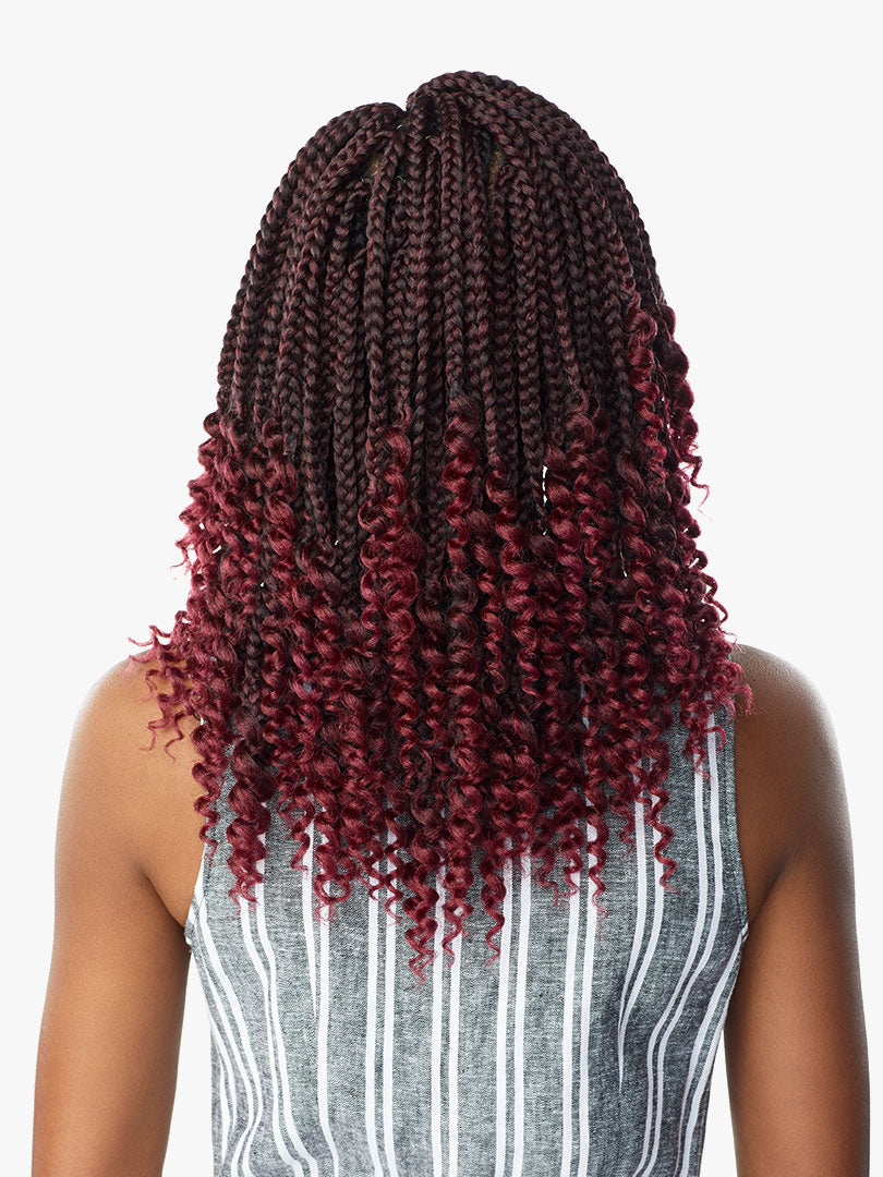 Back view: Lulutress 3X Goddess Box Braid hair. Dark brown braids transition to curly red ends, 12 inches.