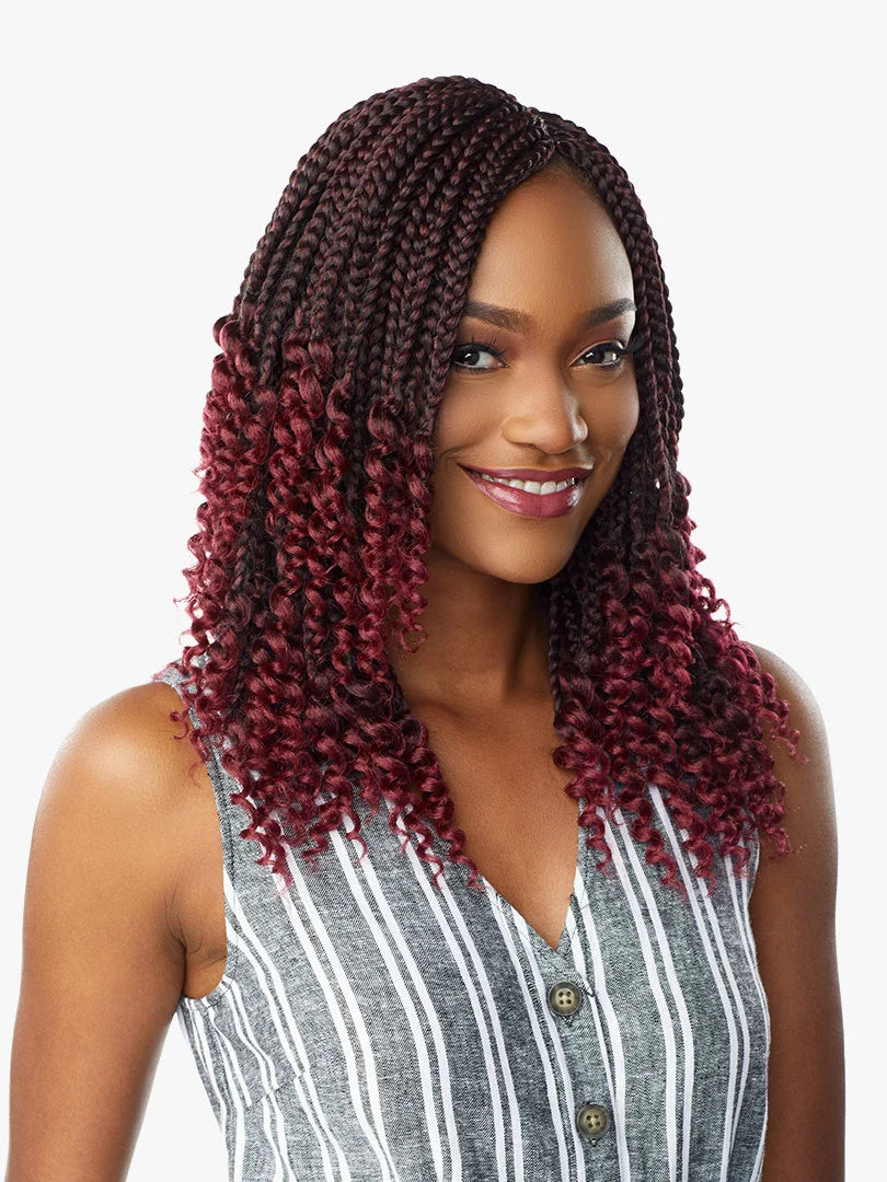 Smiling woman models Lulutress 3X Goddess Box Braid, dark brown to burgundy ombre, shoulder-length braids with curly ends.