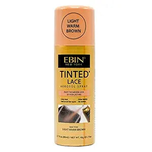 Product packaging: EBIN Tinted Lace Aerosol Spray, Light Warm Brown. Gold can with a light warm brown cap.