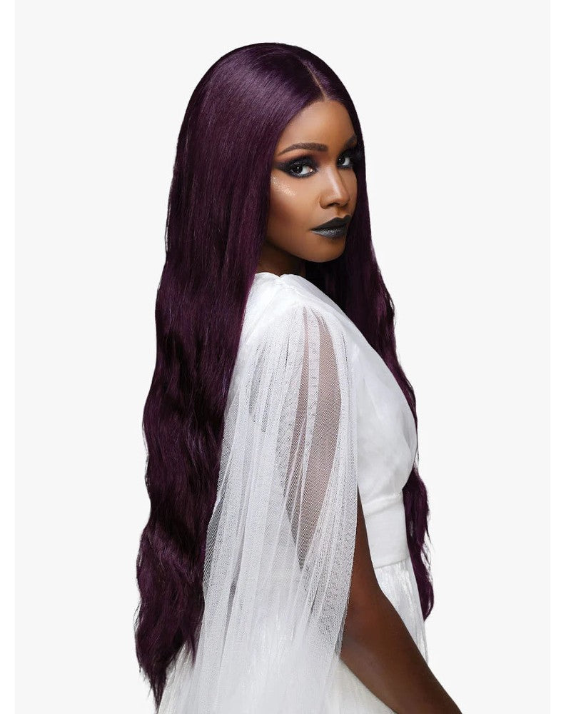 Lemelas Darcielle wig: A woman with very long, deep plum, wavy hair, parted in the middle, looking sideways.