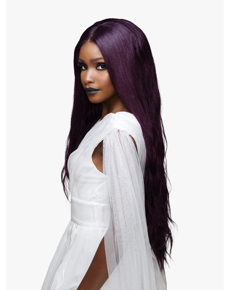 Woman models Lemelas Darcielle wig: long, straight dark purple hair with soft waves, center part.