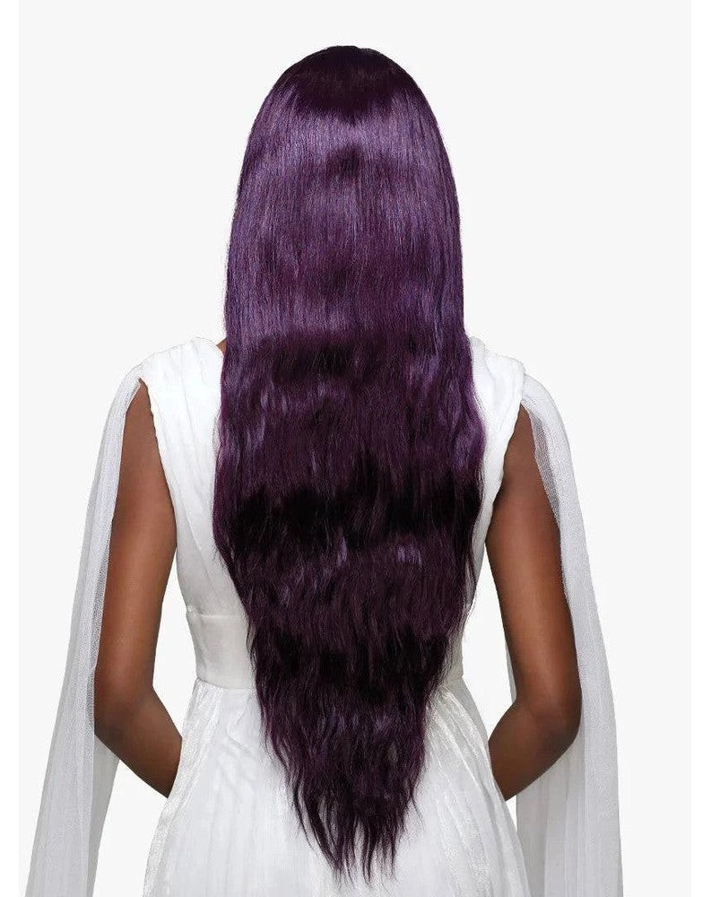 Back view of a model wearing the Lemelas "Darcielle" wig: very long, wavy deep purple hair past the waist.
