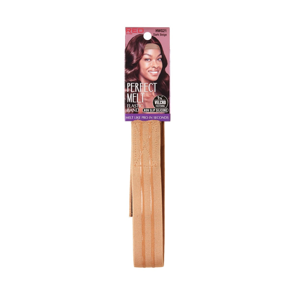 Red by Kiss Perfect Melt Elastic Wigband packaging. Features smiling woman with a wig, highlighting the dark beige band.