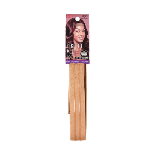 Red by Kiss Perfect Melt Elastic Wigband packaging. Features smiling woman with a wig, highlighting the dark beige band.