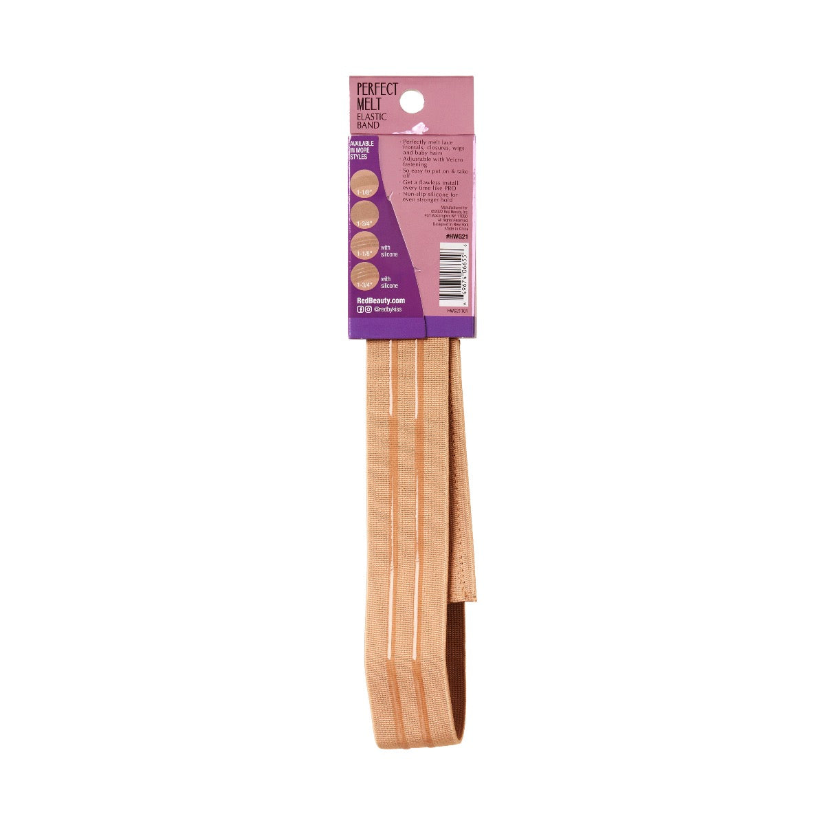 Red by Kiss Perfect Melt Elastic Wigband product packaging, showing the dark beige elastic band with two clear stripes.