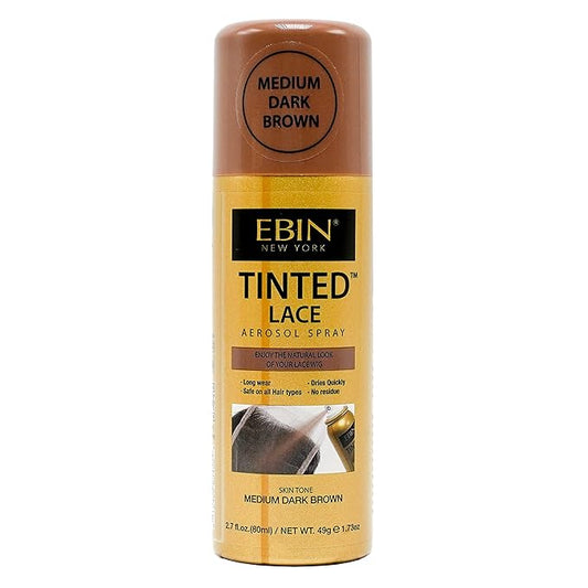 EBIN Tinted Lace Aerosol Spray packaging, Medium Dark Brown. A gold can with a brown cap, showing product details.