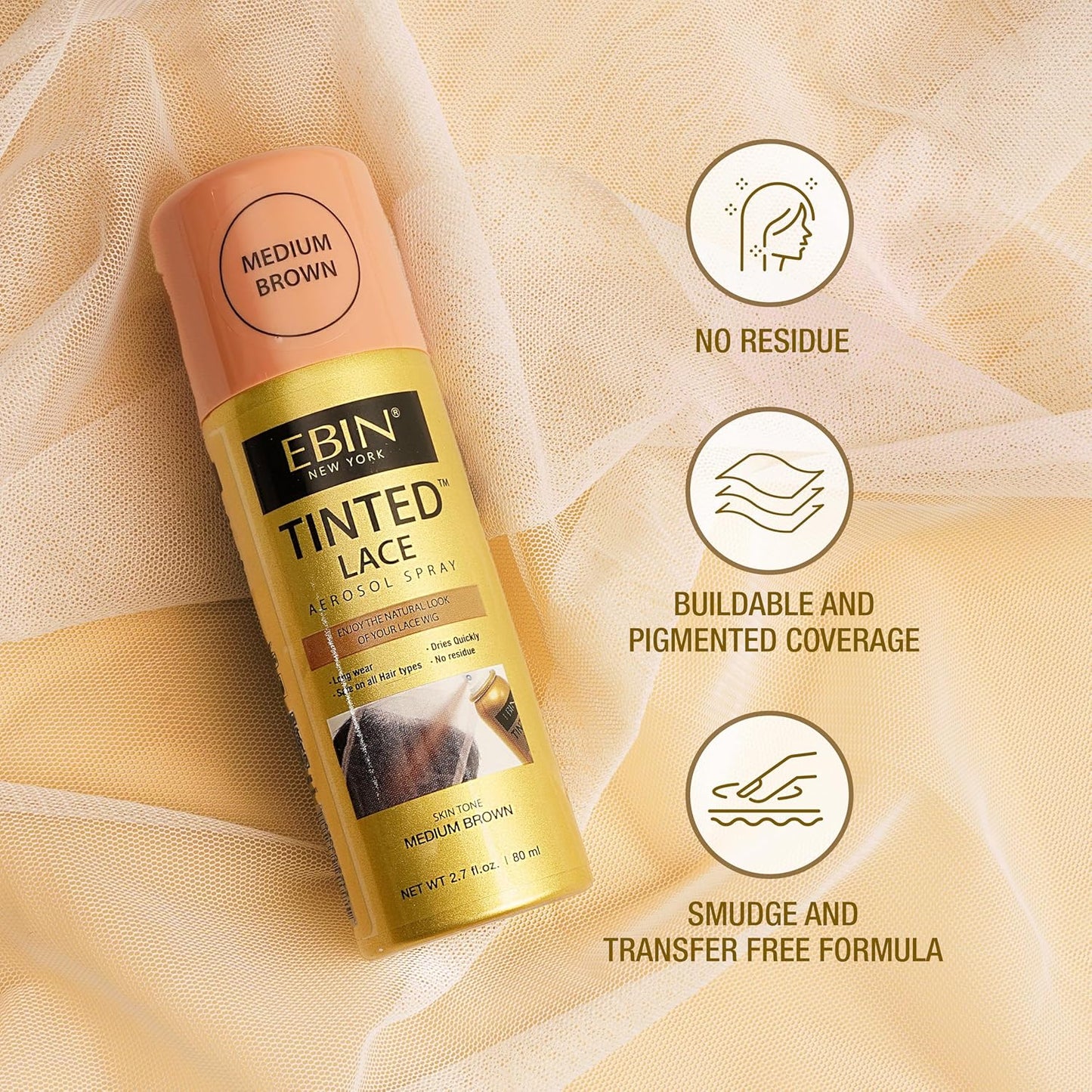 Product packaging for EBIN Tinted Lace Aerosol Spray, Medium Brown. Gold and peach aerosol can on a light mesh fabric.