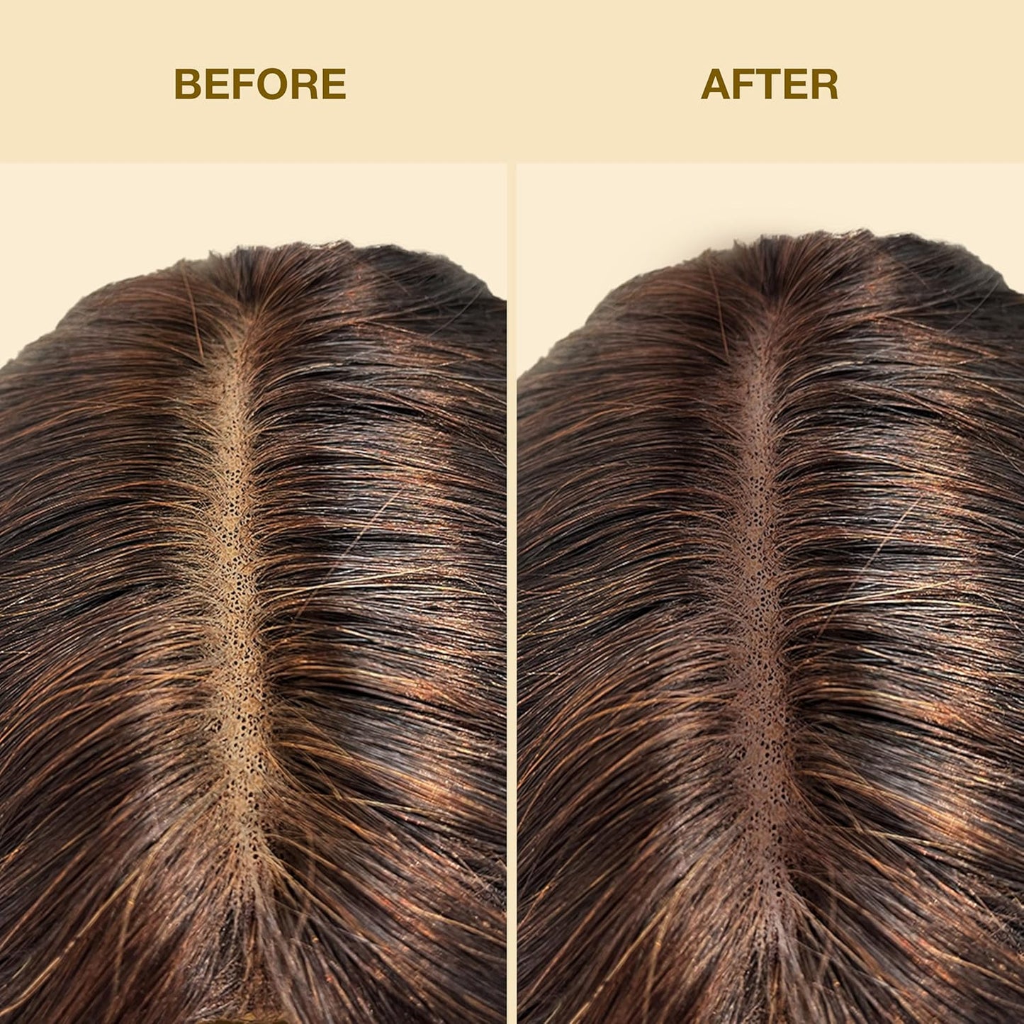 Before and after close-up: EBIN Tinted Lace Aerosol Spray transforms a wig part from light lace to medium dark brown.