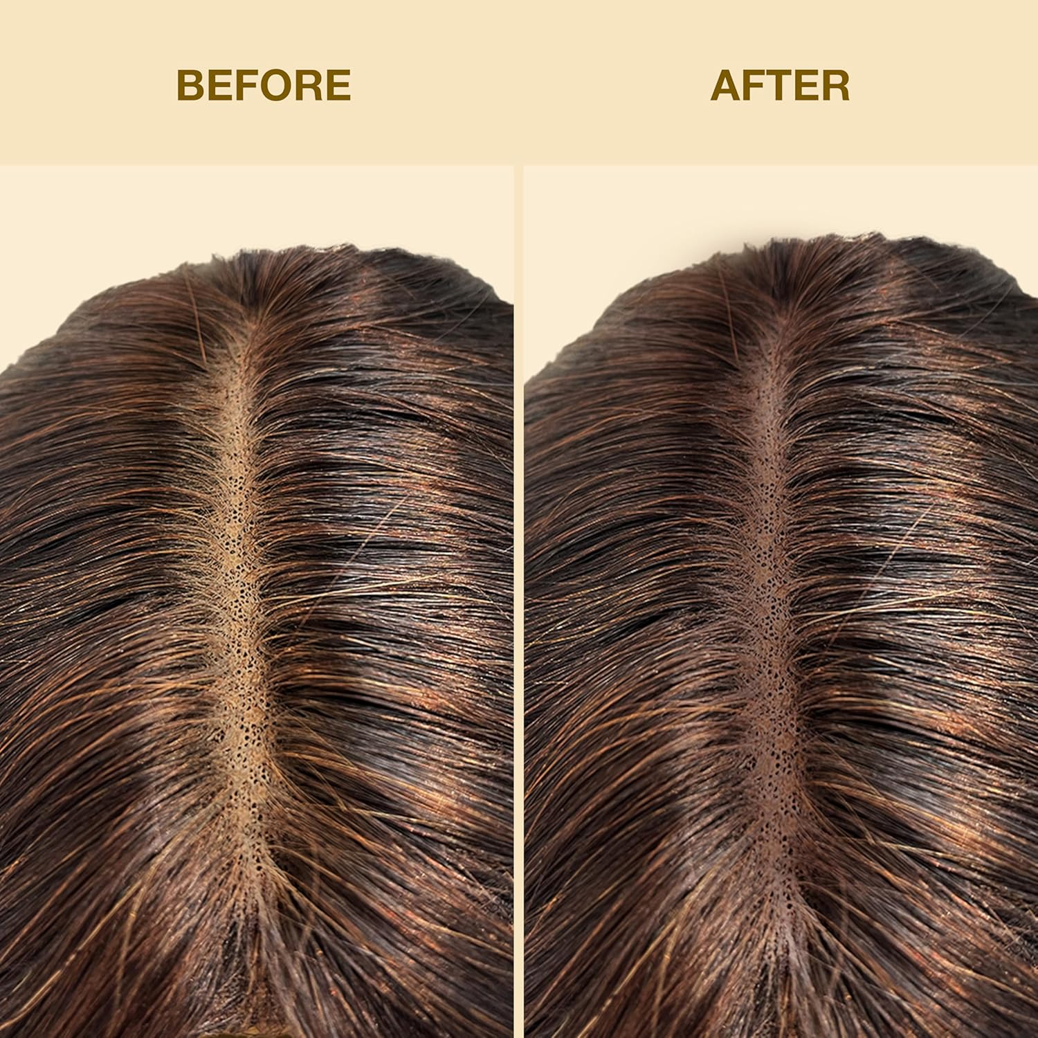 Before and after close-up: EBIN Tinted Lace Aerosol Spray transforms a wig part from light lace to medium dark brown.