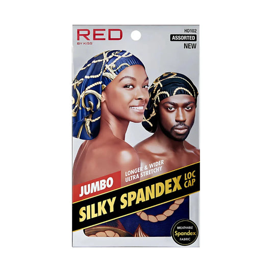 RED By Kiss Silky Spandex Loc Cap Jumbo packaging shows a woman in a navy cap & man in a black cap, both with gold chain p...