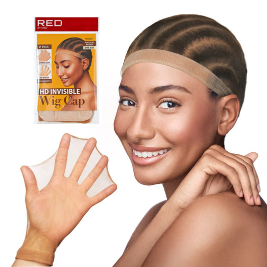 Smiling woman wears a Natural Brown Red by Kiss HD Invisible Wig Cap over cornrows. Product packaging and a cap in hand.