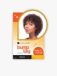 HH BUMP WIG NAYA product packaging, featuring a woman wearing a short, voluminous dark brown curly wig.