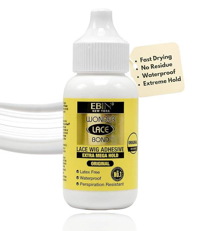 EBIN Wonder Lace Bond MEGA Hold Wig Adhesive bottle with yellow label, white cap, white glue swatch, and feature tag.
