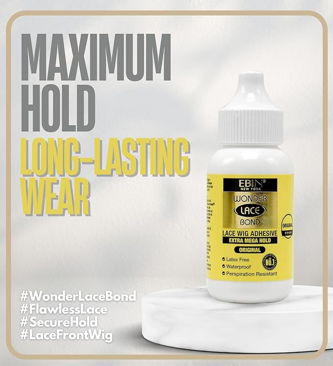 EBIN Wonder Lace Bond MEGA Hold Wig Adhesive product packaging: white bottle with yellow label for waterproof glue, on a s...