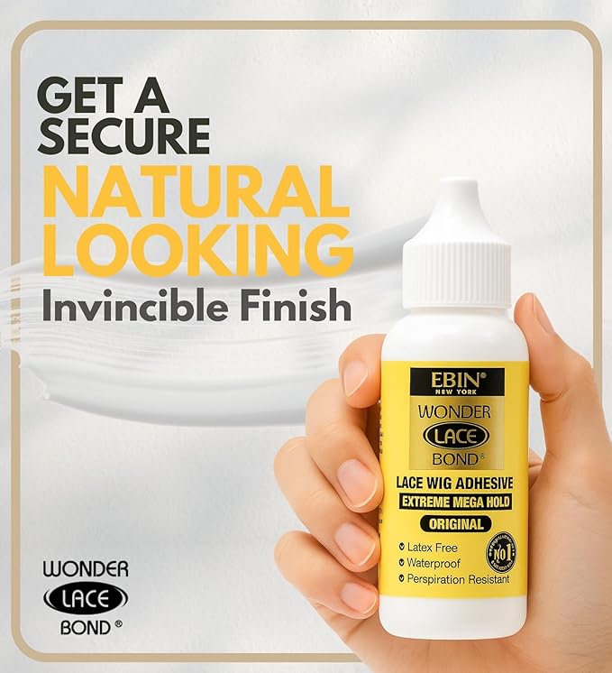Hand holds EBIN Wonder Lace Bond MEGA Hold Wig Adhesive bottle with yellow label. Promotes a secure, natural finish.