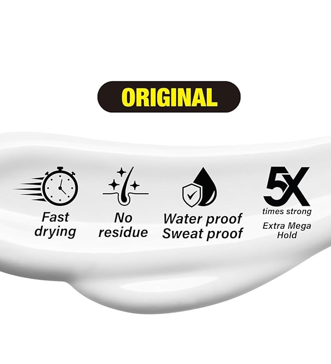 EBIN Wonder Lace Bond MEGA Hold Wig Adhesive ORIGINAL infographic: fast drying, no residue, waterproof, 5X extra hold.