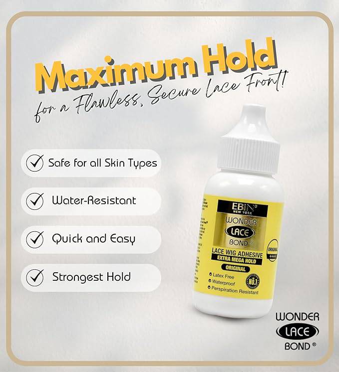 EBIN Wonder Lace Bond MEGA Hold Wig Adhesive white bottle with yellow label against a background promoting maximum hold.