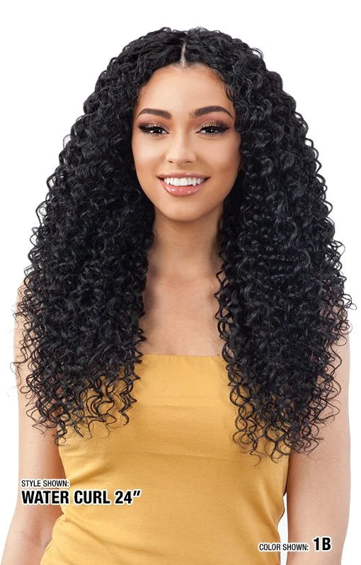 Smiling woman models Organique Water Curl 24-inch synthetic hair bundle in color 1B. She has long, voluminous black curls.