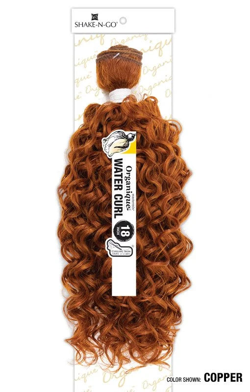 Organique Water Curl 18-inch synthetic hair bundle in a vibrant copper shade with defined water curls on its packaging.