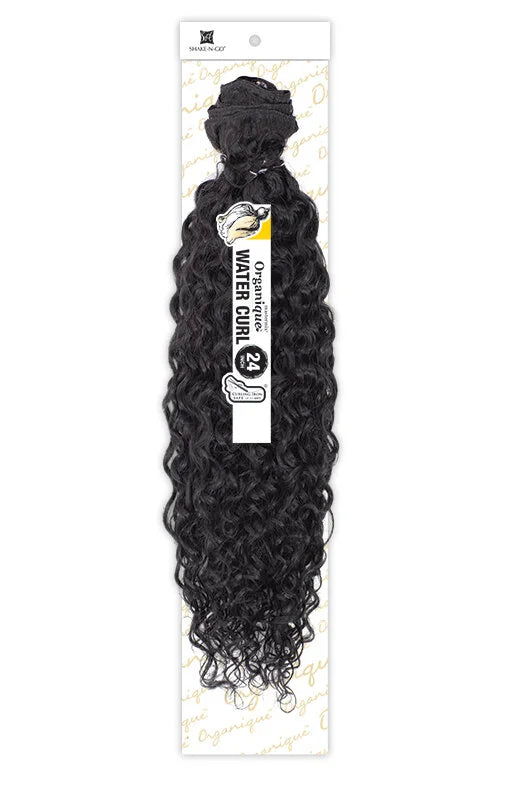 Packaging for Organique Water Curl Synthetic Hair Bundle, showing black 24-inch water curl hair visible inside.