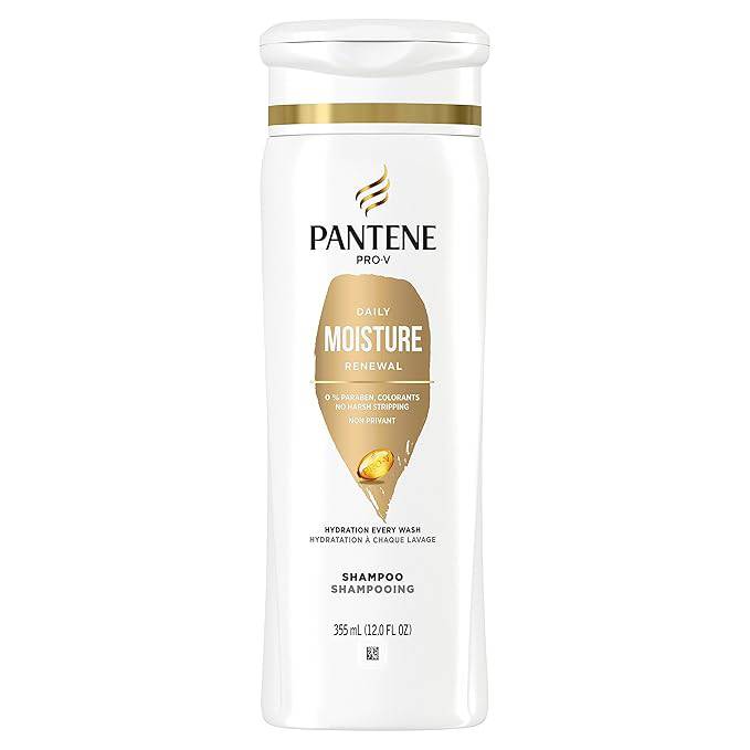 White Pantene Pro-V Daily Moisture Shampoo 12 oz bottle with gold accents and a white flip-top cap.