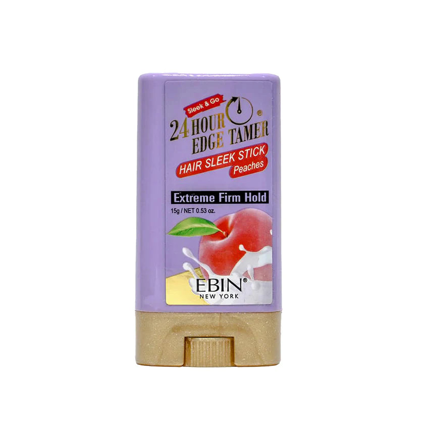 Purple EBIN 24 HR Edge Tamer Hair Sleek Stick packaging with gold base and a "Peaches" extreme firm hold label.