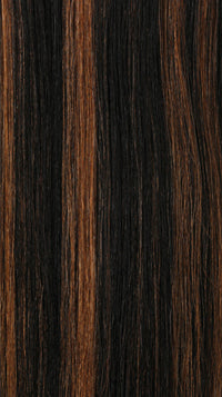 Close-up of straight, glossy GLOSSY SPIRAL ROLL hair, dark brown with warm auburn streaks.