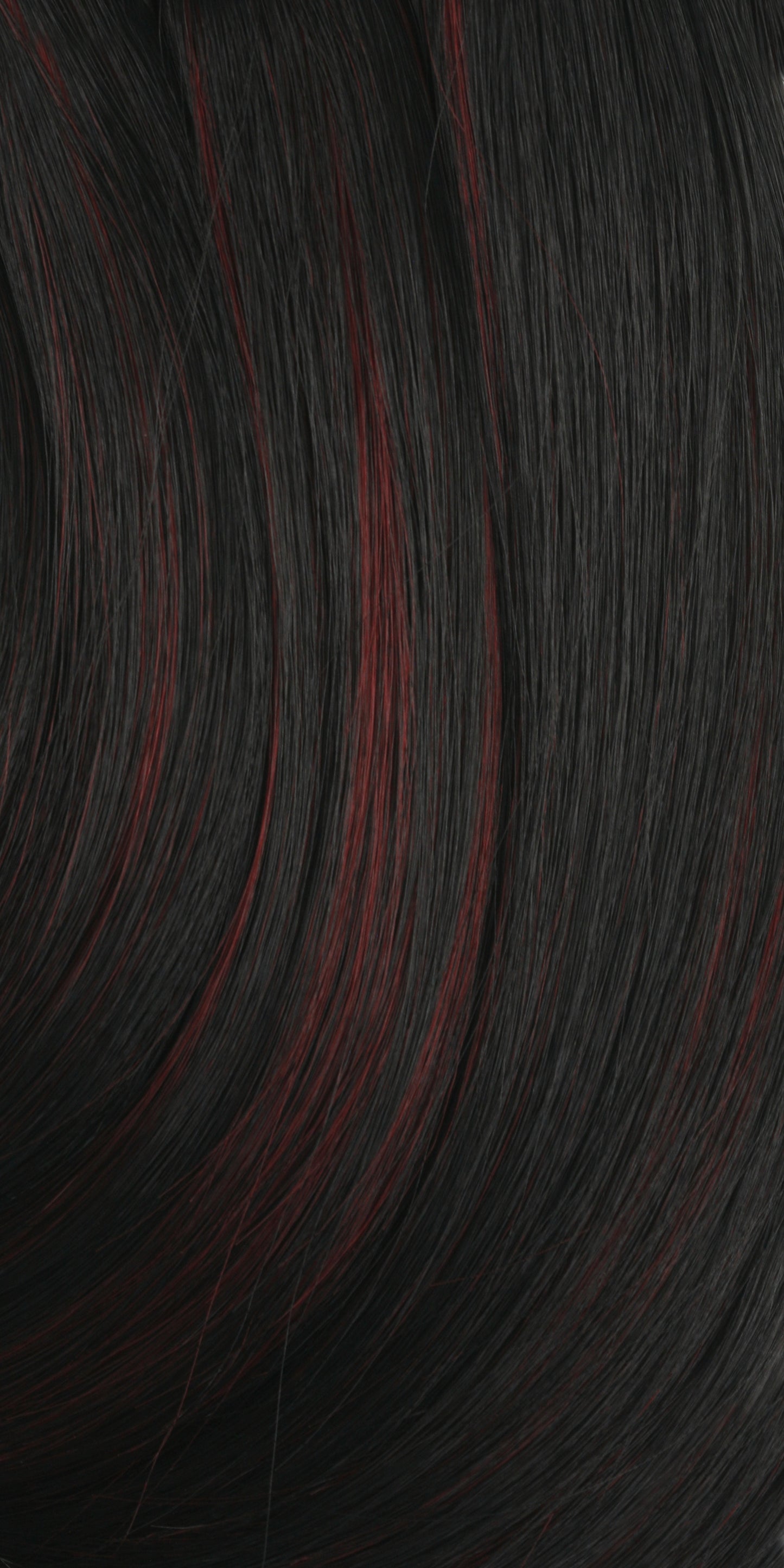 Texture close-up of GLOSSY SPIRAL ROLL 3 PCS, featuring dark, glossy hair with striking red highlights.