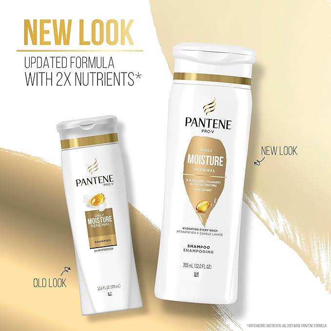 New look Pantene Pro-V Daily Moisture Renewal Shampoo 12 oz packaging. White bottle with gold accents and text.