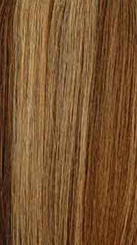 Texture close-up of GLOSSY SPIRAL ROLL 3 PCS straight hair with rich brown and golden blonde streaks.