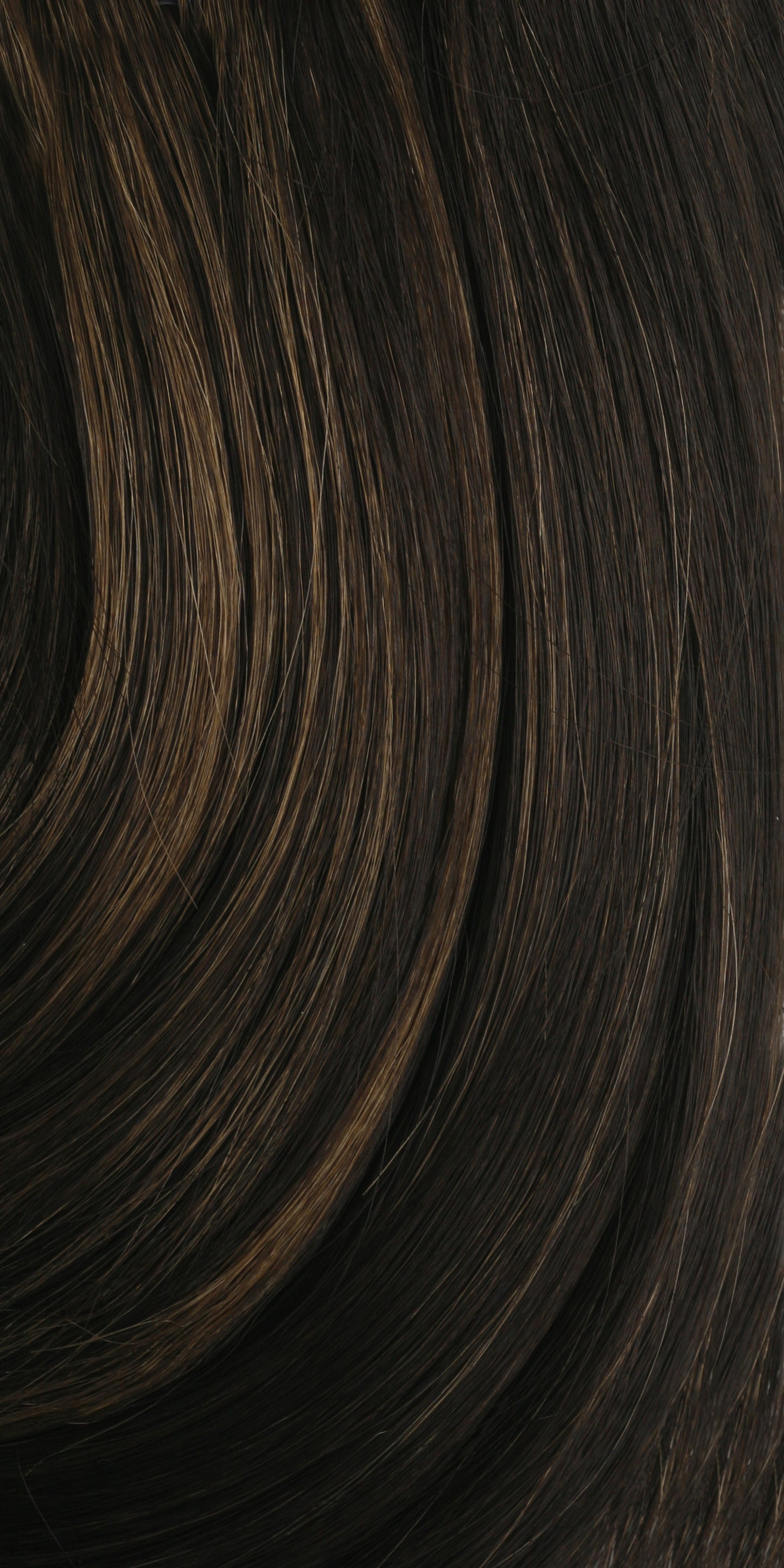 Close-up of GLOSSY SPIRAL ROLL hair: dark brown strands with golden highlights, forming soft, glossy waves.