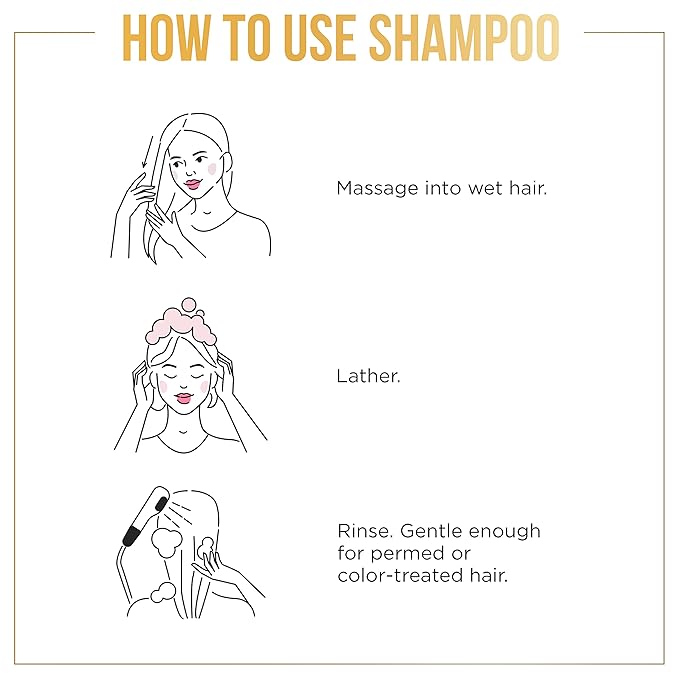 Diagram with 3 steps for using Pantene Pro-V Daily Moisture Shampoo: massage into wet hair, lather, and rinse.