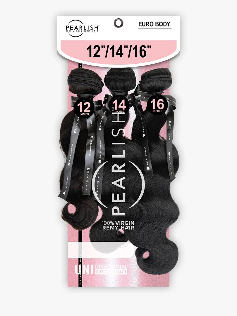 Packaging for Pearlish Virgin Remy Human Hair Euro Body. Three bundles of black body wave hair, 12, 14, 16 inches.