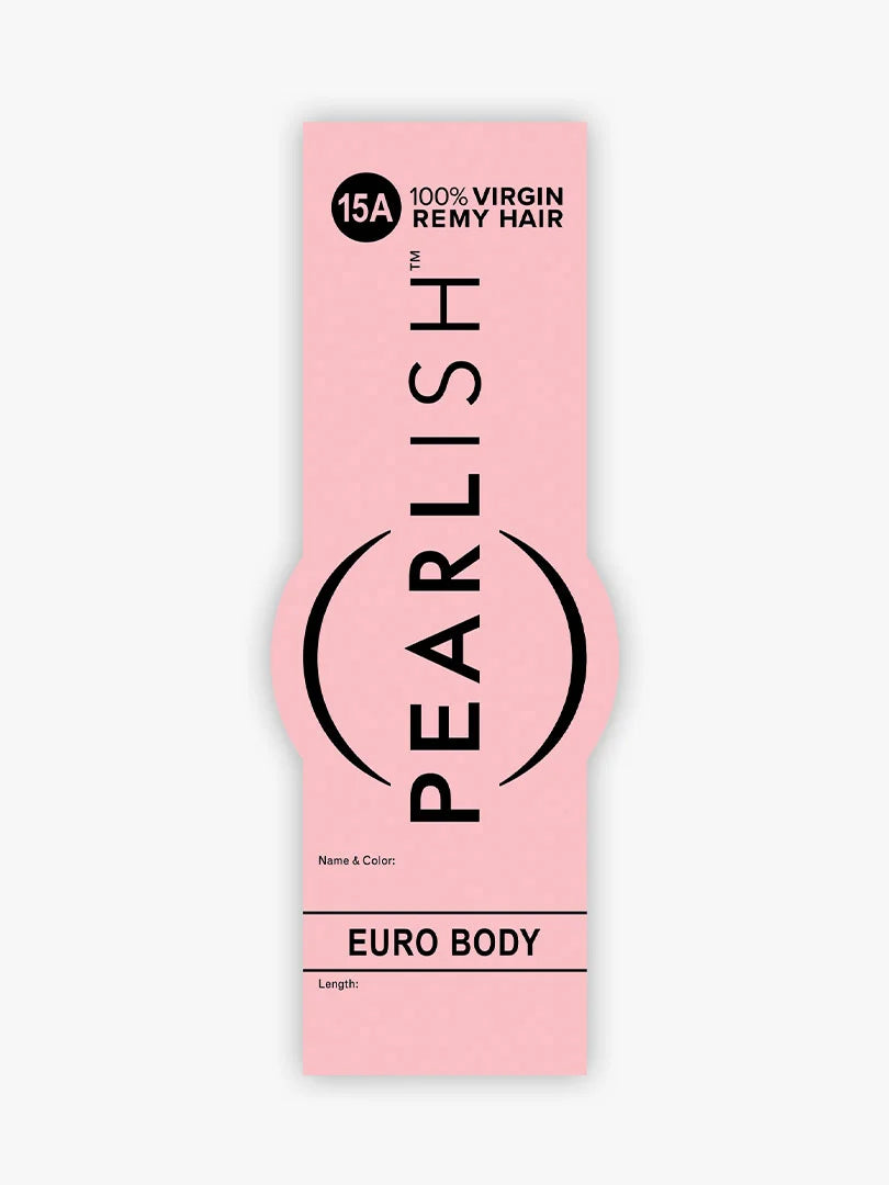 Pearlish Virgin Remy Human Hair product label. Pink tag shows "100% Virgin Remy Hair" and "EURO BODY" style.