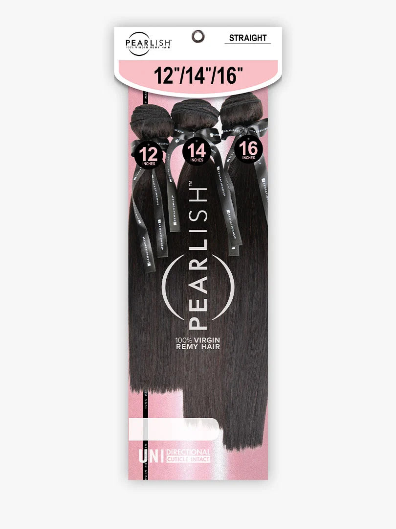 Packaging for Pearlish Virgin Remy Human Hair Multipack - STRAIGHT, with three bundles of black hair in 12", 14", 16" leng...