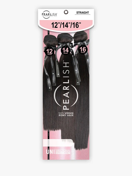 Packaging for Pearlish Virgin Remy Human Hair Multipack - STRAIGHT, with three bundles of black hair in 12", 14", 16" leng...
