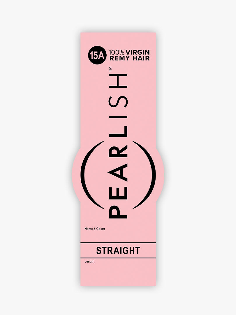 Pearlish Virgin Remy Human Hair product packaging. Pink label with "100% Virgin Remy Hair" and "STRAIGHT" text.
