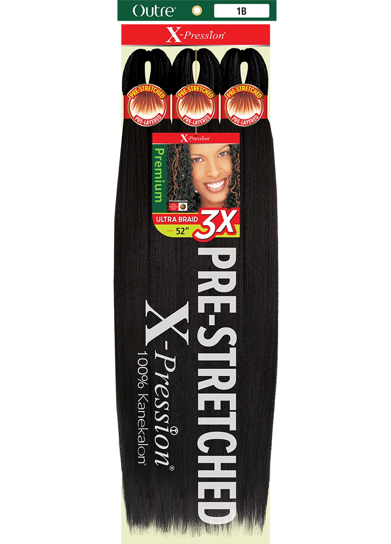 Packaging for X-Pression Pre-Stretched Braid 52" 3X. Shows long, black braiding hair and a smiling woman on the label.