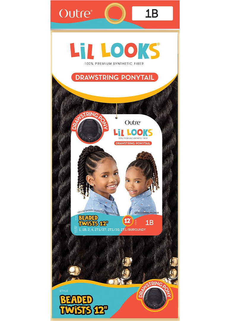 LIL LOOKS Drawstring Ponytail packaging shows two girls with 12" beaded twisted ponytails in color 1B.