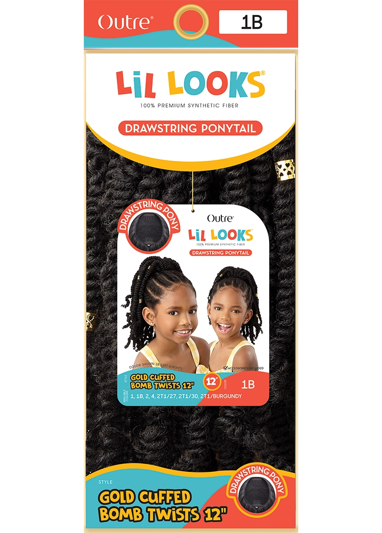 LIL LOOKS Drawstring Ponytail packaging. Features two young girls with 12-inch black gold-cuffed bomb twist ponytails.