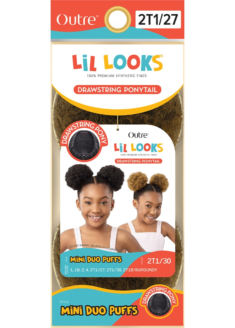LIL LOOKS Mini Duo Puffs drawstring ponytail packaging. Two girls model black and brown ombre curly hair puffs. Brown coil...