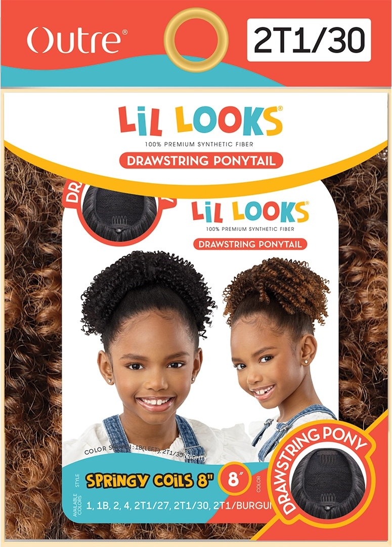 LIL LOOKS Drawstring Ponytail, Springy Coils 8" packaging. Two smiling girls model black and brown/blonde coiled ponytails.